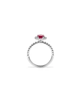 Oval Cut Red Ruby Gemstone and 0.60 Carat TW Diamond Halo Ring in 14kt White Gold