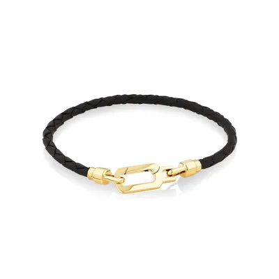Bracelet pour hommes en cuir noir tressé avec or jaune 10 carats