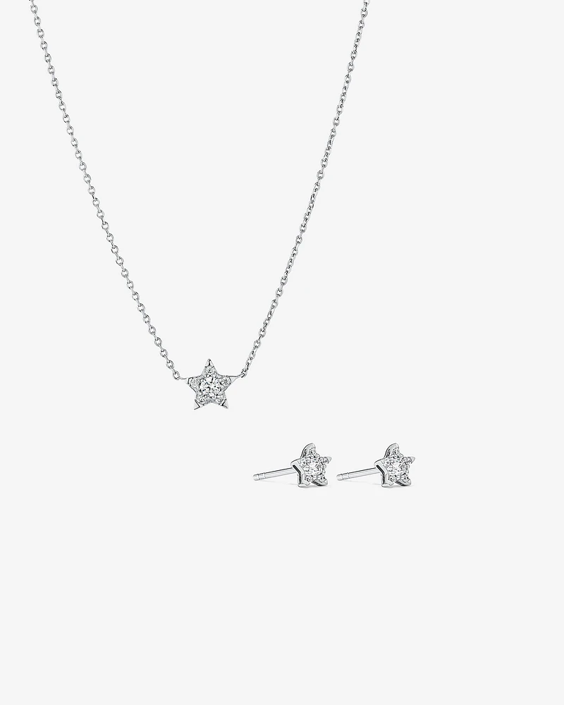 Cubic Zirconia Star Stud Earrings and Necklace Set in Sterling Silver