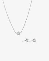 Cubic Zirconia Star Stud Earrings and Necklace Set in Sterling Silver