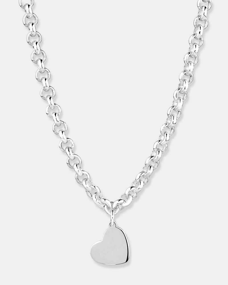 Heart Charm Belcher Chain Necklace in Sterling Silver