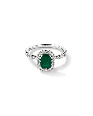 Emerald Cut Green Emerald Gemstone and 0.60 Carat TW Diamond Halo Ring in 14kt White Gold