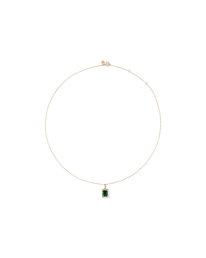 Emerald Cut Created Emerald and Diamond Halo Pendant Necklace in 10kt Yellow Gold