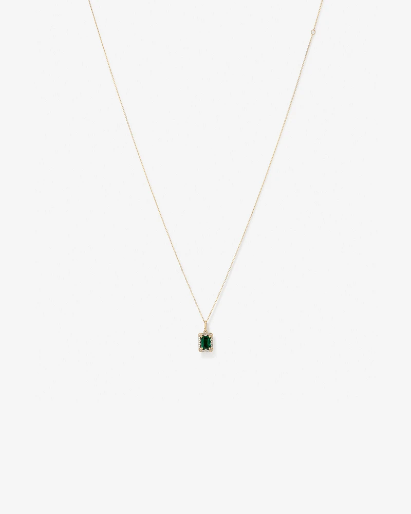 Emerald Cut Created Emerald and Diamond Halo Pendant Necklace in 10kt Yellow Gold