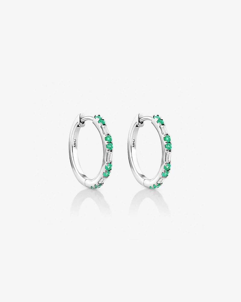 Boucles d'Oreilles Créoles Dot Dash en Émeraude & Diamant avec 0,14 Carat TW en Or Blanc 10kt