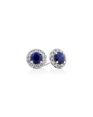 Halo Stud Earrings with Sapphire & 0.28 Carat TW of Diamonds in 10kt White Gold