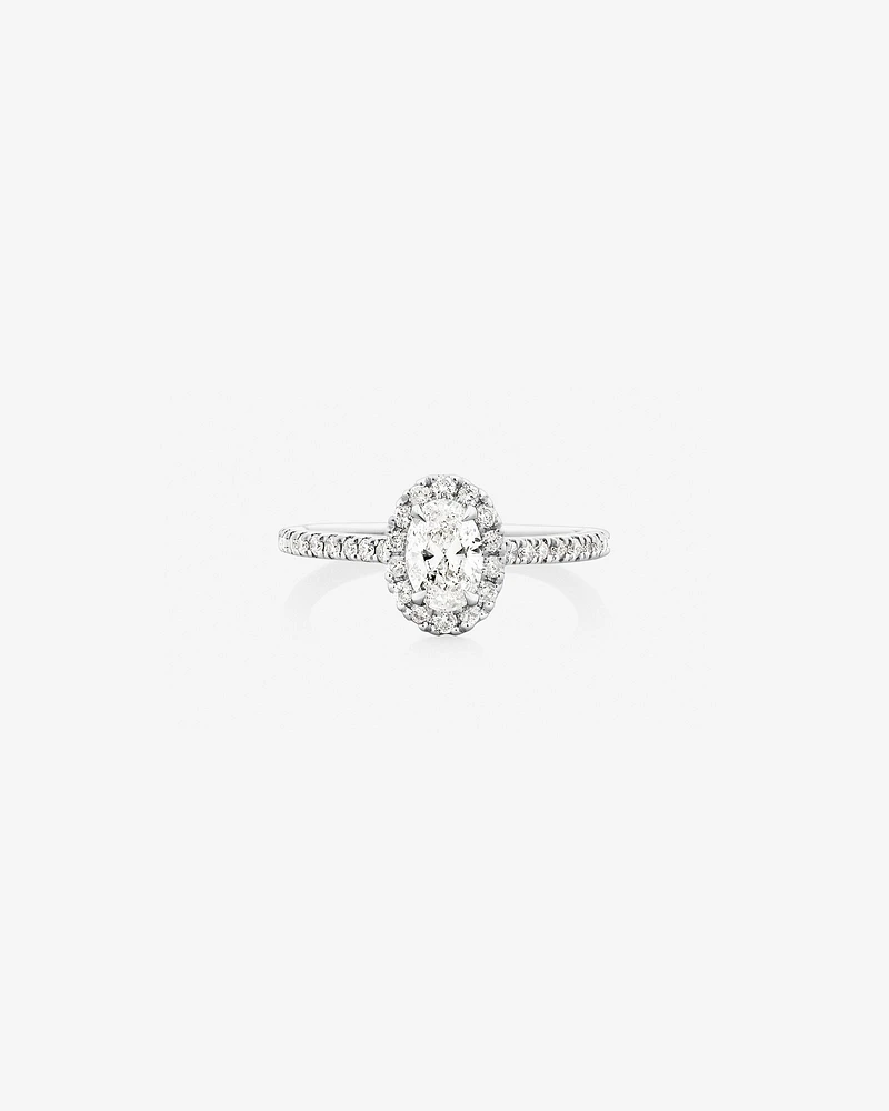 Halo Oval Engagement Ring with 0.92 Carat TW of Diamonds in 14kt White Gold