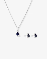 Pear Cut Created Sapphire Pendant and Stud Earring Set in Sterling Silver