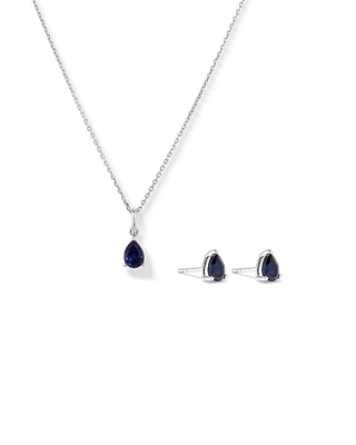 Pear Cut Created Sapphire Pendant and Stud Earring Set in Sterling Silver