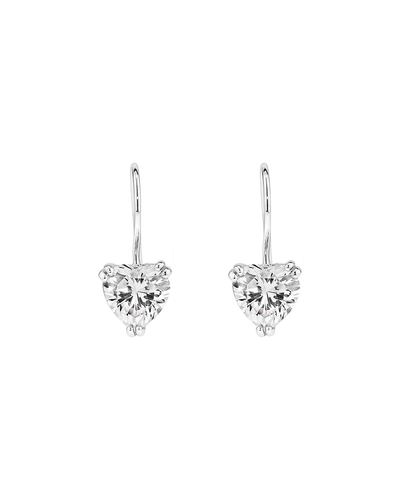 Love Heart Shaped Cubic Zirconia Drop Shepherds Hook Earrings in Sterling Silver