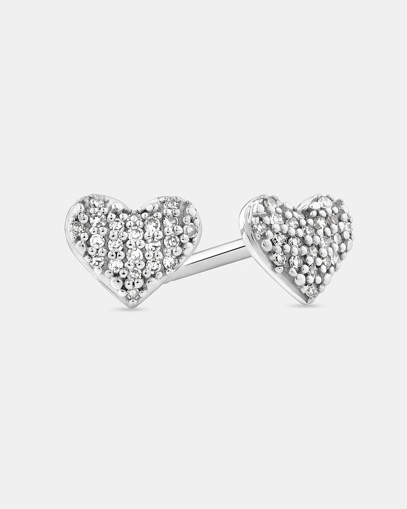 Fine Pave Diamond Heart Stud Earrings in Sterling Silver