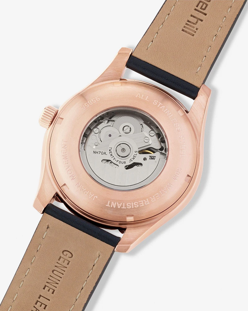 Michael Hill Automatic Skeleton Watch In Rose Tone Stainless Steel And Leather