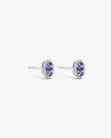 Boucles D'Oreilles Halo Avec Tanzanite Bleue Taille Ovale Et 0,12 Carat Pt De Diamants En Or Blanc 10 Ct