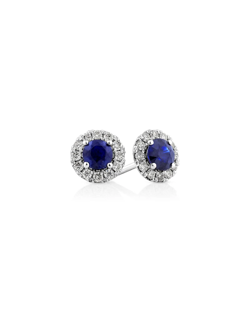 Halo Stud Earrings with Sapphire & 0.28 Carat TW of Diamonds in 10kt White Gold