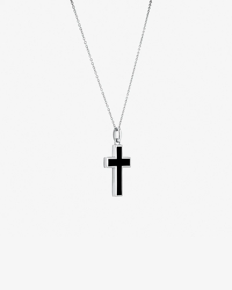 Onyx Cross Pendant in Silver with 65cm Cable Chain