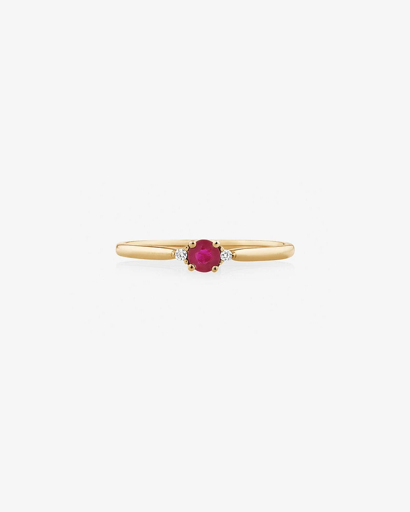 3 Stone Ring with Ruby & Diamonds in 10kt Yellow Gold