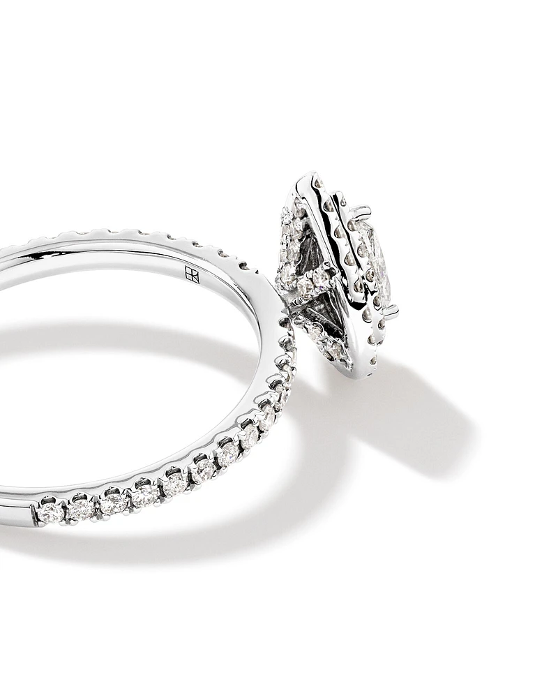 0.87 Carat TW Pear Cut Diamond Halo and Engagement Ring in 14kt White Gold