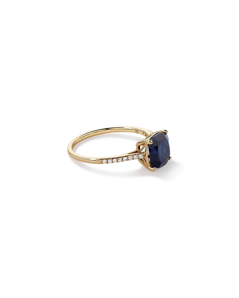 Cushion Cut Blue Created Sapphire Gemstone and Diamond Ring in 10kt Yellow Gold