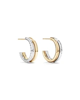 Boucles d'oreilles clous demi-créoles doubles deux tons avec finition martelée en or blanc et jaune 10 kt