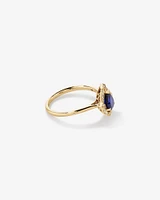 Pear Cut Created Sapphire and Diamond Halo Ring in 10kt Yellow Gold