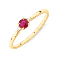 3 Stone Ring with Ruby & Diamonds 10kt Yellow Gold