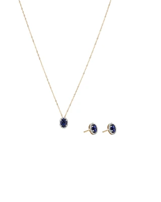 Oval Cut Blue Created Sapphire and Lab-Grown Diamond Halo Stud Earrings and Pendant Necklace Set in 10kt Yellow Gold and Rhodium