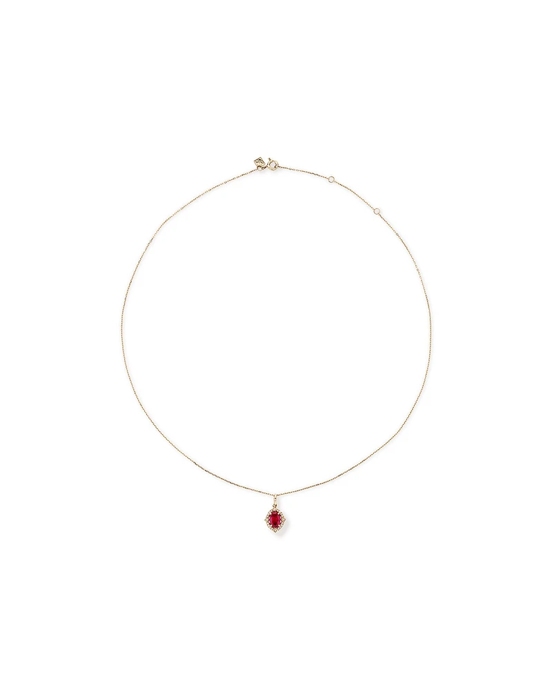 Oval Cut Created Ruby and Diamond Halo Pendant Necklace in 10kt Yellow Gold