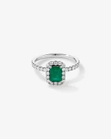 Emerald Cut Green Emerald Gemstone and 0.60 Carat TW Diamond Halo Ring in 14kt White Gold