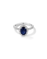 Bague Halo en Pierre Précieuse Saphir Bleu Taille Ovale et 0,60 Carat TW Diamant en Or Blanc 14 kt