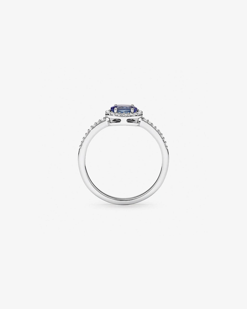 Oval Cut Blue Tanzanite Gemstone and 0.15 Carat TW Diamond Halo East West Ring in 10kt White Gold