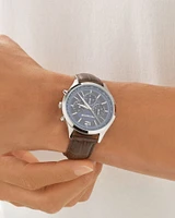 Montre chronographe en acier inoxydable et en cuir brun pour homme