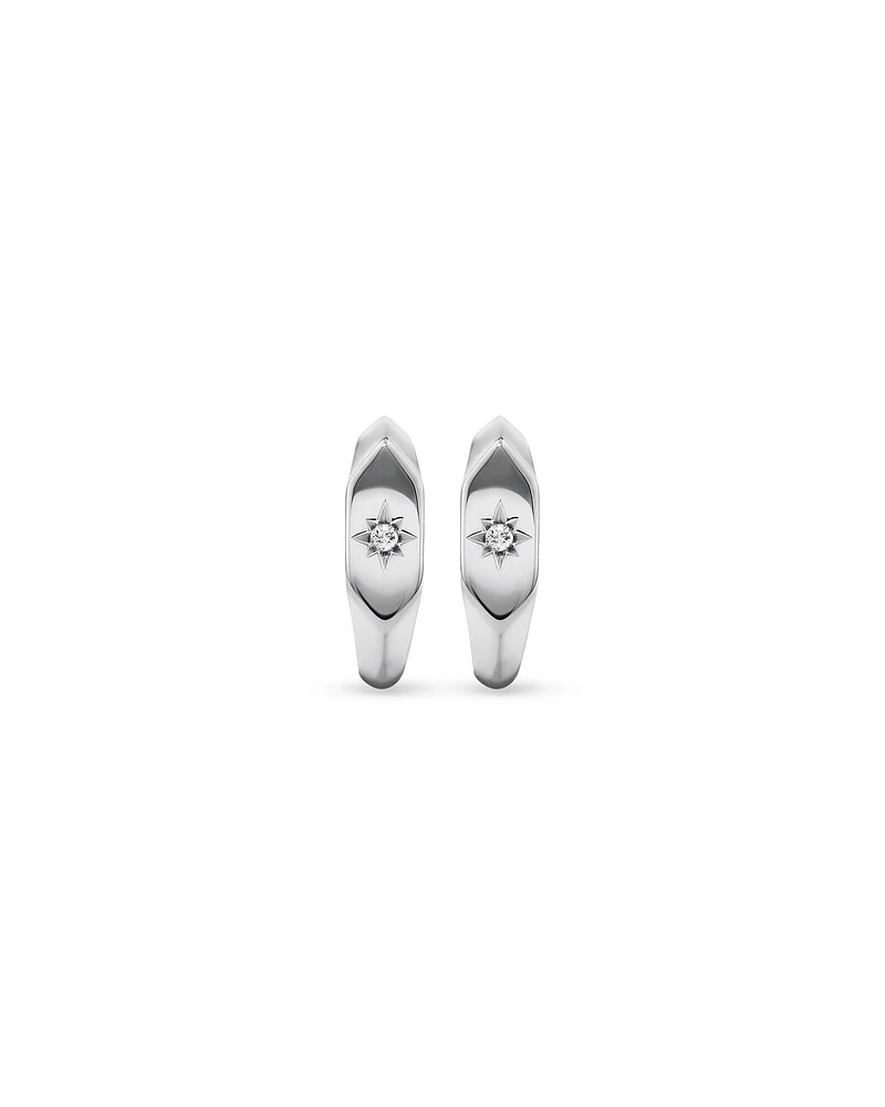 Diamond Star Accent Signet Huggie Hoop Earrings in Sterling Silver