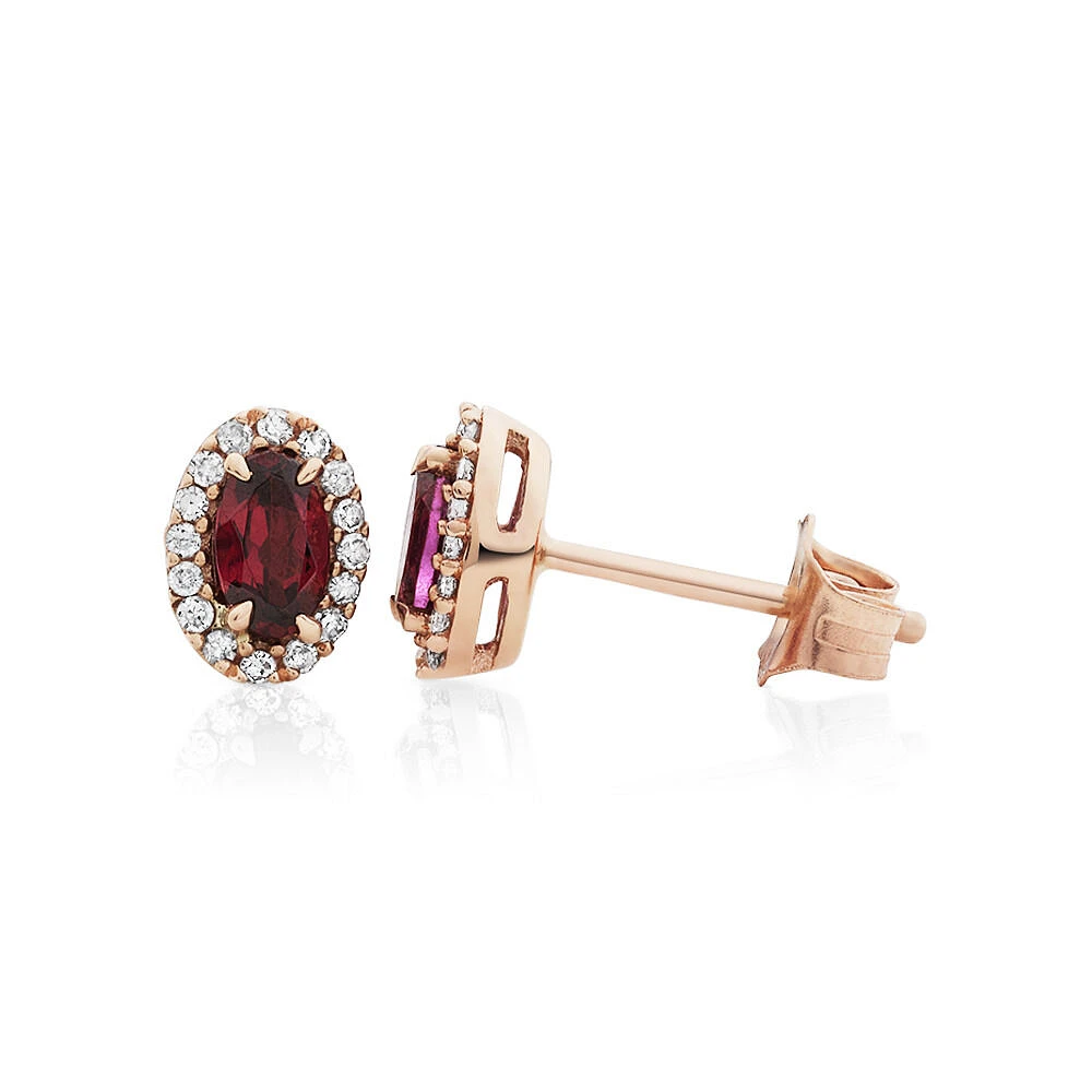 Halo Stud Earrings with Rhodolite Garnet & 0.12 Carat TW of Diamonds in 10kt Rose Gold