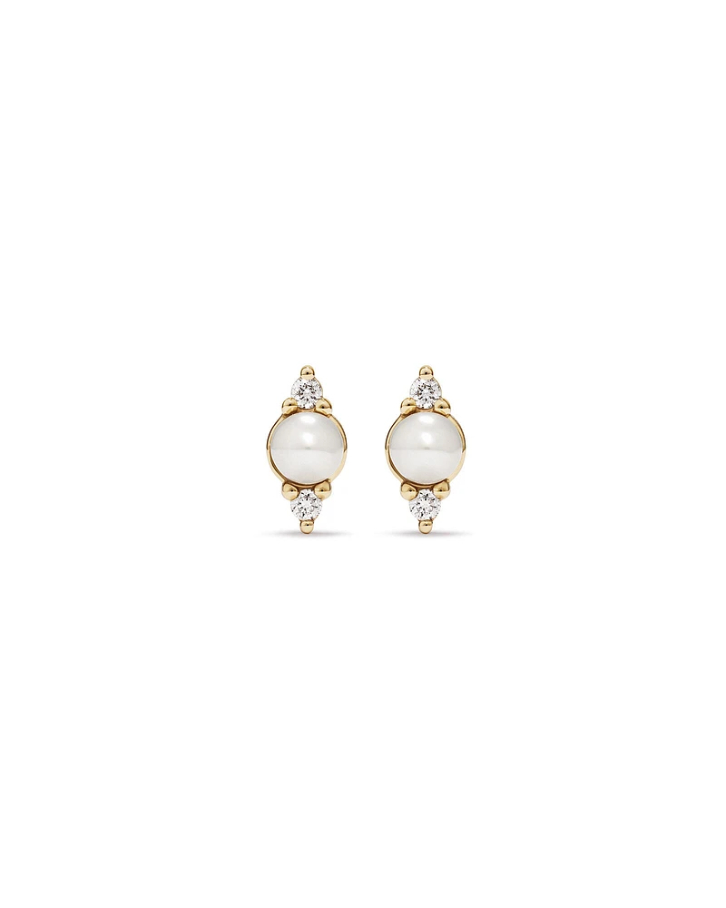 Three Stone Cultured Freshwater Pearl and Diamond Stud Earrings in 10kt Yellow Gold