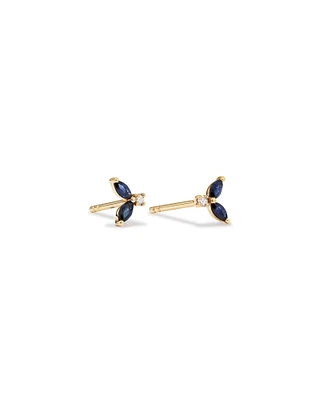 Round Diamond and Marquise Blue Sapphire Gemstone Stud Earrings in 10kt Yellow Gold