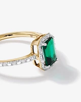 Emerald Cut Green Created Emerald and Lab-Grown Diamond Halo Ring in 10kt Yellow Gold and Rhodium