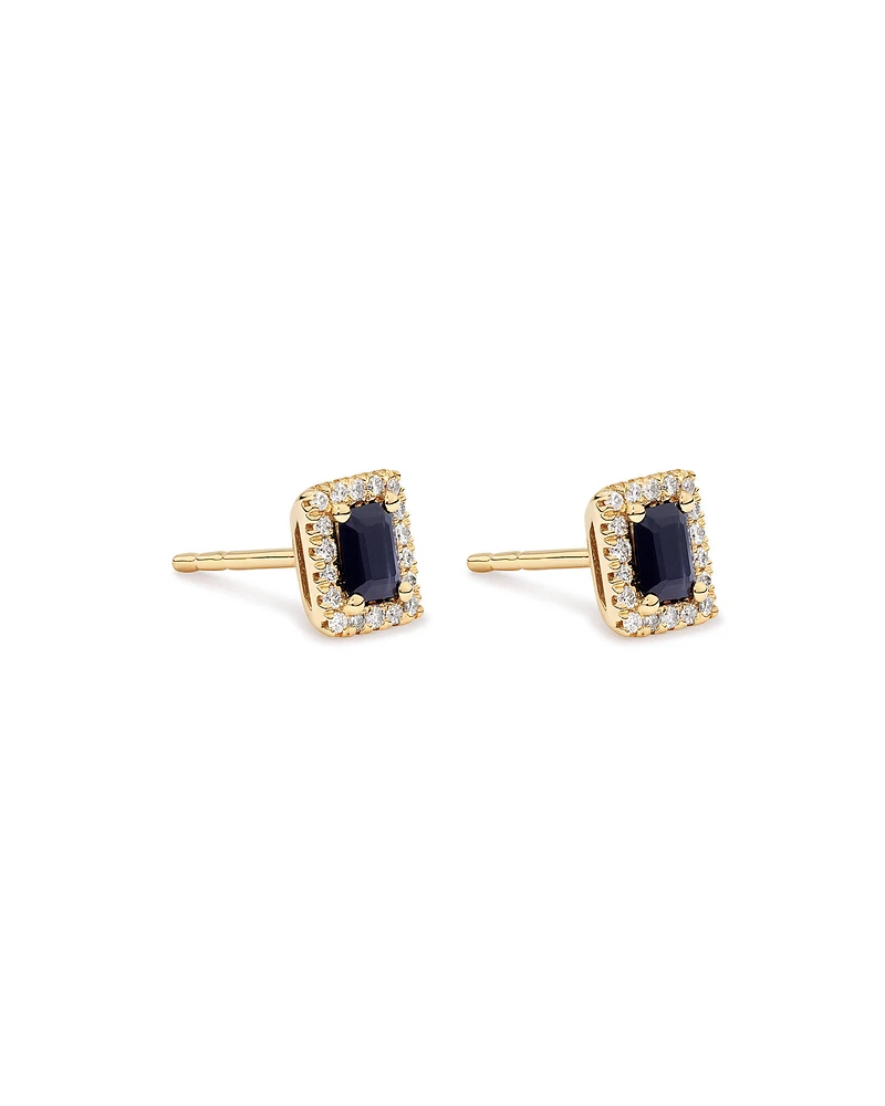 Emerald Cut Blue Sapphire Gemstone and 0.10 Carat TW Diamond Halo Stud Earrings in 10kt Yellow Gold