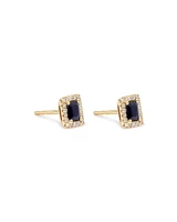 Emerald Cut Blue Sapphire Gemstone and 0.10 Carat TW Diamond Halo Stud Earrings in 10kt Yellow Gold