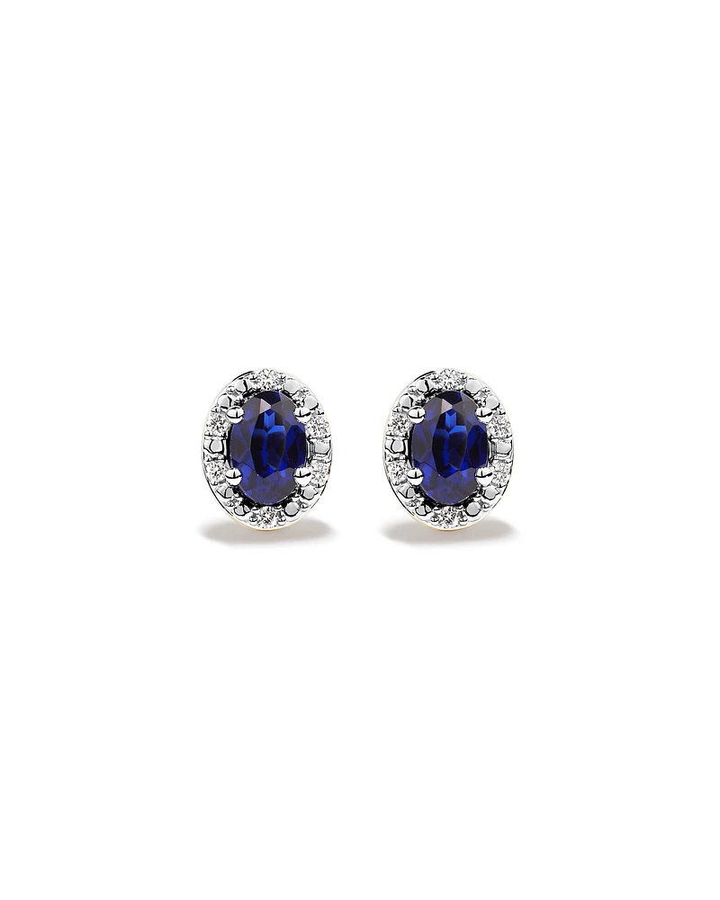 Oval Cut Blue Created Sapphire and Lab-Grown Diamond Halo Stud Earrings and Pendant Necklace Set in 10kt Yellow Gold and Rhodium