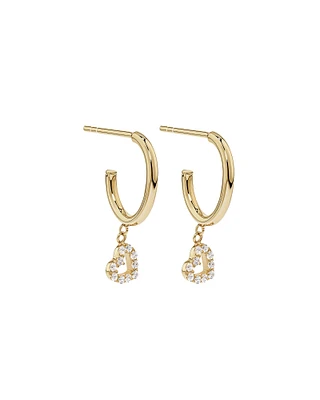 Boucles d'Oreilles Créoles Clous avec Breloque Cœur Ouvert en Zircon Cubique en Or Jaune 10 kt