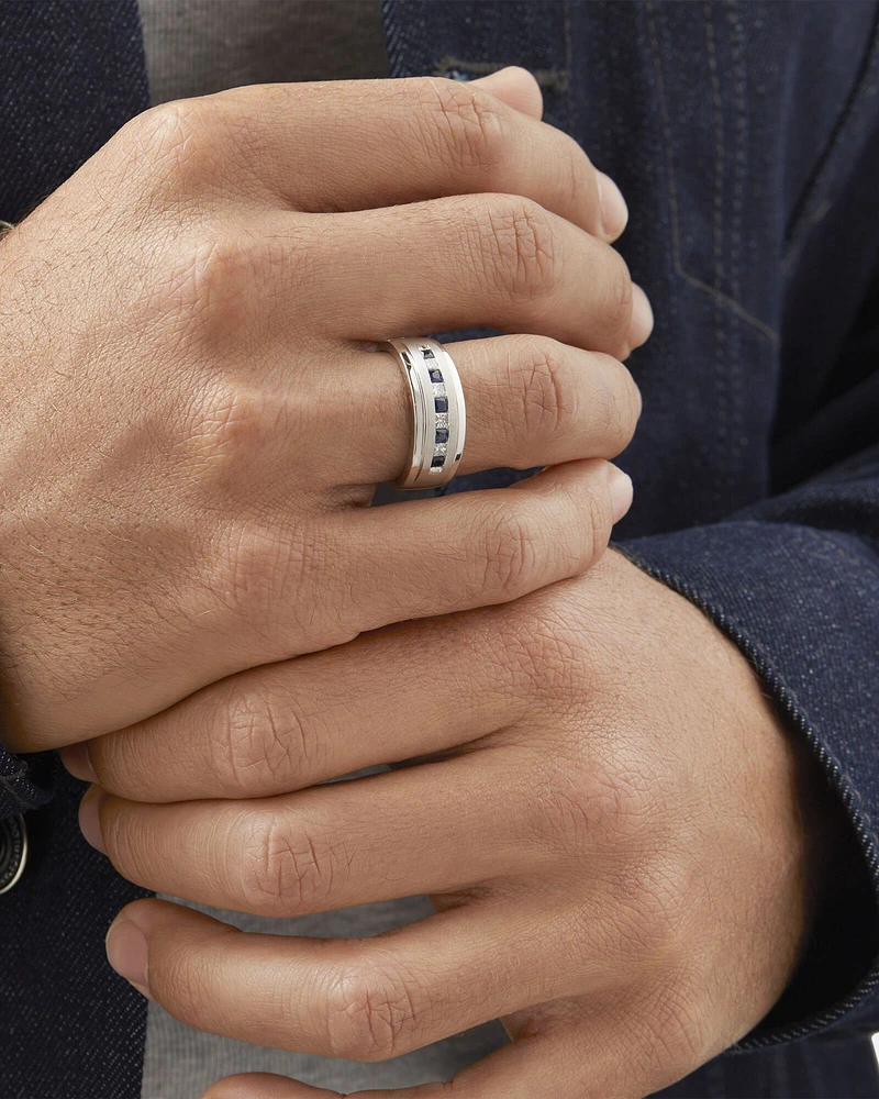 Men's Ring with Sapphire & 0.30 Carat TW of Diamonds in 10kt White Gold