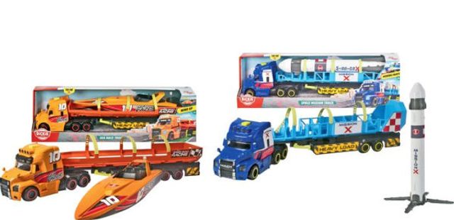 Light & Sound Mack Truck Transporter Assortment, 16", Detailed interior, Truck with trailer, 6 x Sea Racer Truck with boat and windup function, 6 x Space Mission Truck with rocket