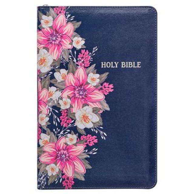 KJV Holy Bible Standard Size Faux Leather Red Letter Edition Thumb Index & Ribbon Marker, King James Version, Blue Floral, Zipper Closure