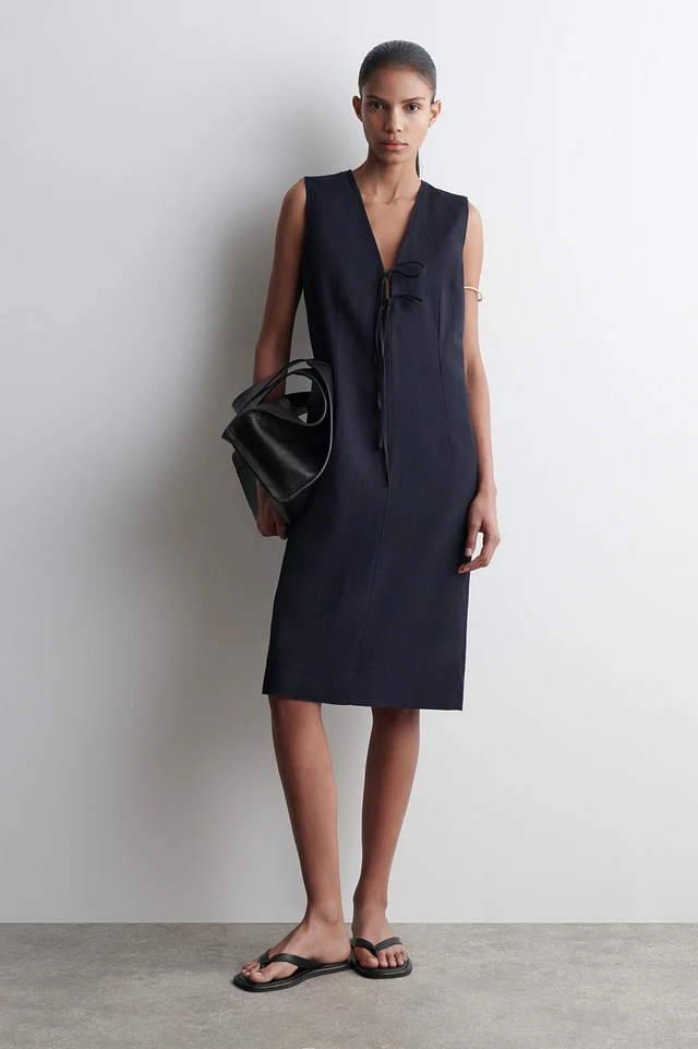 chinese dress ladies LINEN BLEND SLEEVELESS BIAS CUT MIDI DRESS