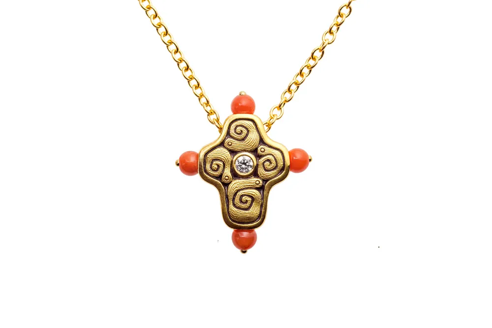 Flora Cross Necklace- Coral