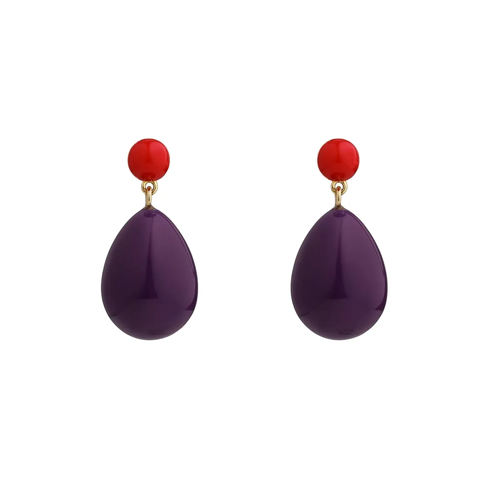 Eshvi's Small Drop Earrings in 18K Yellow Gold Plated Sterling Silver and Brass with Red and Violet Enamel