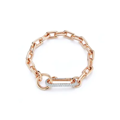 Saxon 18K Rose Gold Chain Link Bracelet with Elongated Diamond Link Clasp
