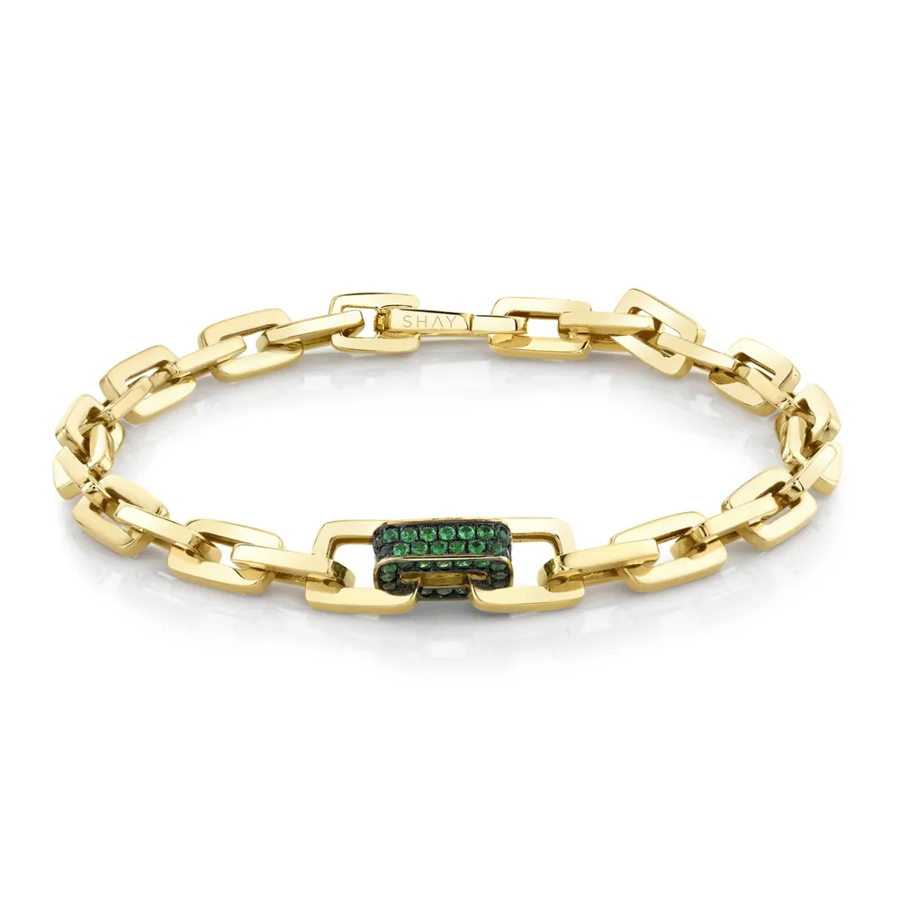 Single Pave Green Garnet Solid Gold Mini Deco Link Bracelet