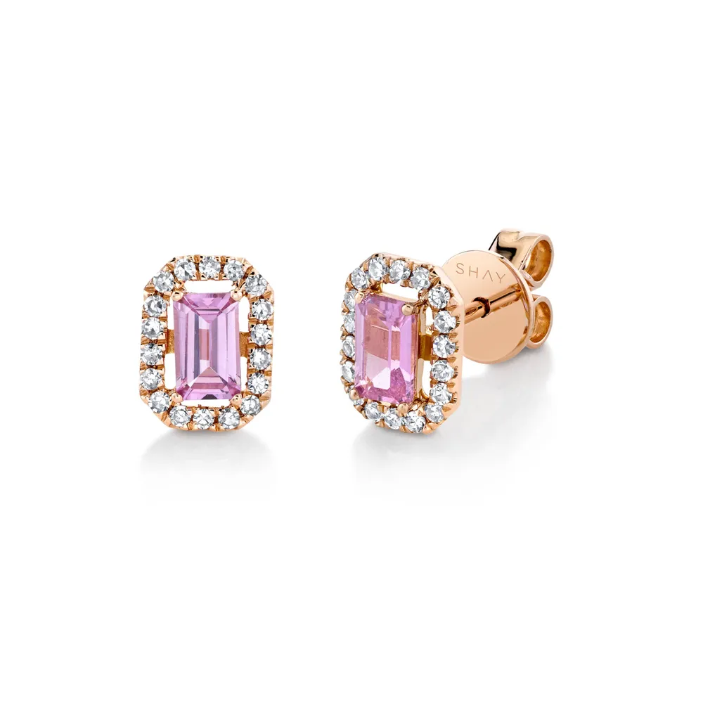 Mini Me Diamond Halo Pink Sapphire Studs