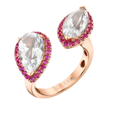 Pink Sapphire Pear and Diamond Emerald Twin Ring